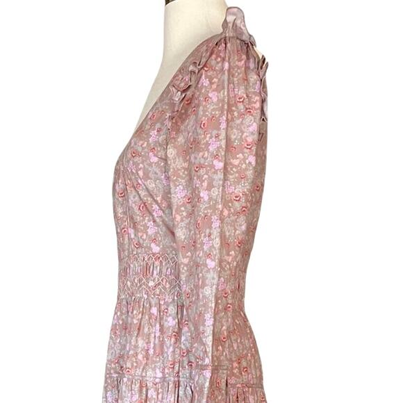 LOVESHACKFANCY Lyna Maxi Dress Tan Garden Cotton Ruffle Floral Pink S 4-6 Sample - Picture 7 of 14